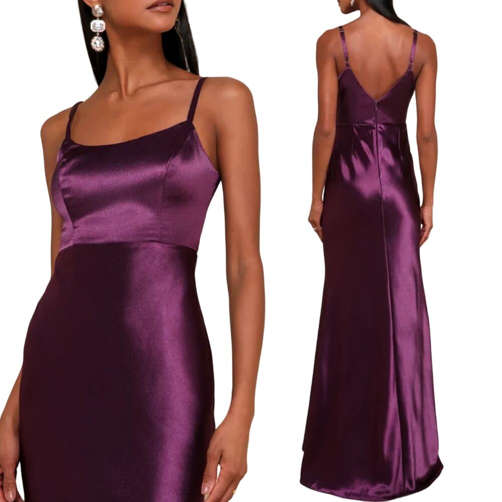 Lulus Make You Shine Satin Gown Mermaid Hem Maxi Dress Dark Purple NEW Womens M